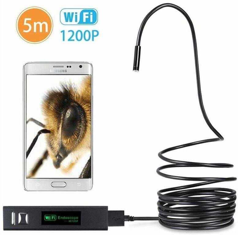 1200P Kabellose Schlangenkamera, WiFi-Inspektionskamera, HD-Endoskop mit 8 LED-Hartkabel-Boreskop (5 Meter, 16,4 Fuß)