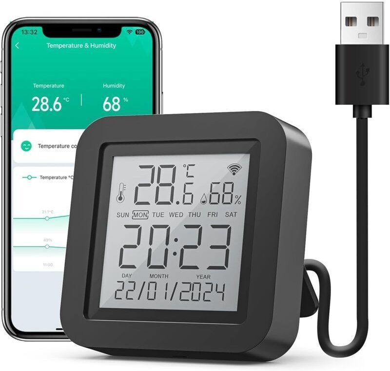 Intelligentes Thermometer-Hygrometer, WLAN-Innenthermometer mit Feuchtigkeitssensor und App-Benachrichtigungen, App-Steu...