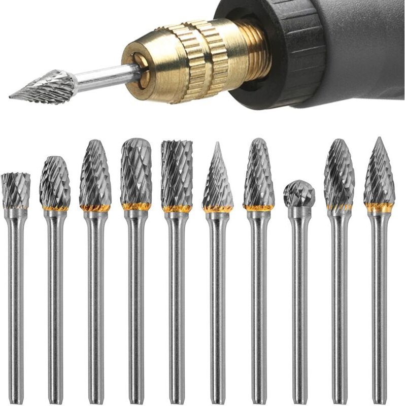 Set mit 10 Hartmetall-Rotationsfräsern für Rotationswerkzeuge, verschleißfester Schaft für Metall, Holz, Polieren, Bohre...