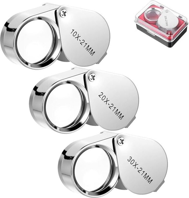 Set mit 3 faltbaren Juwelierlupen im Taschenformat: 10x, 20x, 30x, kleine Vergrößerungsglas, Vergrößerungswerkzeug für S...
