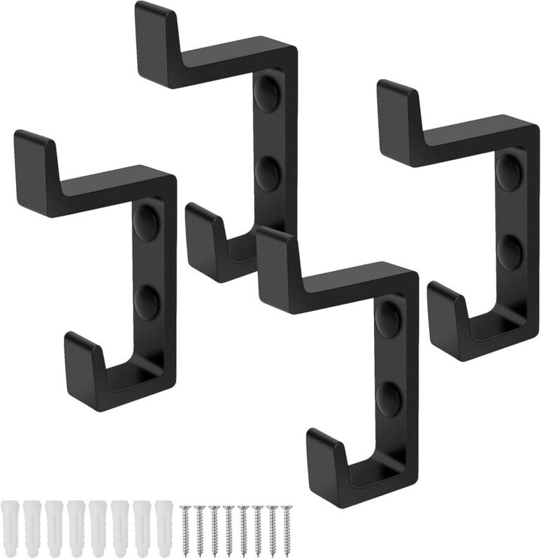 Linghhang - Schwarzer Wandgarderobenhaken, 4-teiliges Set, verdickter Space-Aluminium-Garderobenhaken, Doppelhaken-Desig...