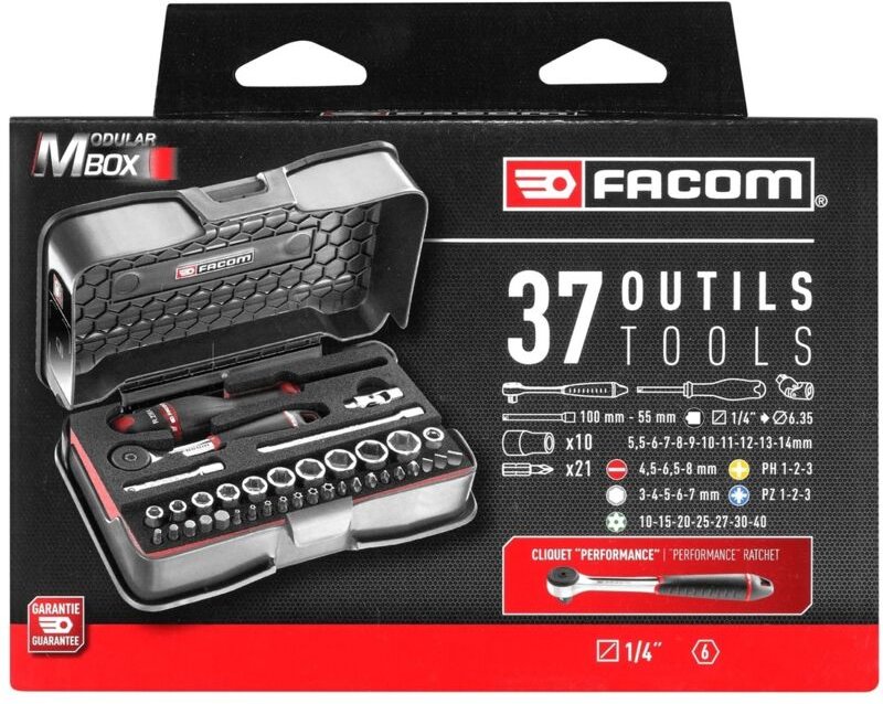 Schachtel mit 37 metrischen 1/4 6-Punkt-Steckdosen + Bits + Facom Schaumstoffschale - R.161-6M6PB