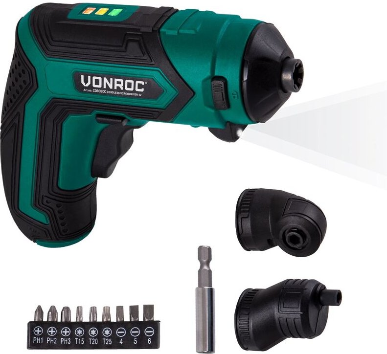 Akku-Schrauber/Schraubendreher – 4 v, mit magnetischem Bit-Halter, Exzenteraufsatz, Winkelaufsatz, Bitset und Akku-Ladeg...