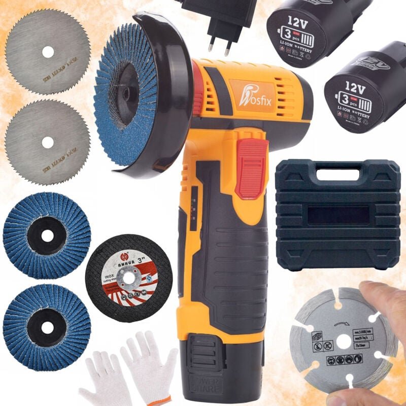 Rosfix Minischleifer Rosfix Blue Bird 12V MBB12V + Segmentierte Diamantscheibe 75mm + Fächerschleifscheibe 76mm + Kreiss...