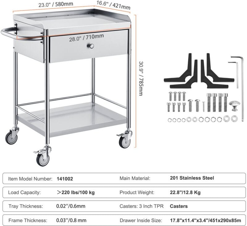 Mophorn - Medical Cart 2 Schichten Edelstahl 220 lbs Kapazität Lab Utility Cart 360 ° Silent Räder Schublade für Labor K...