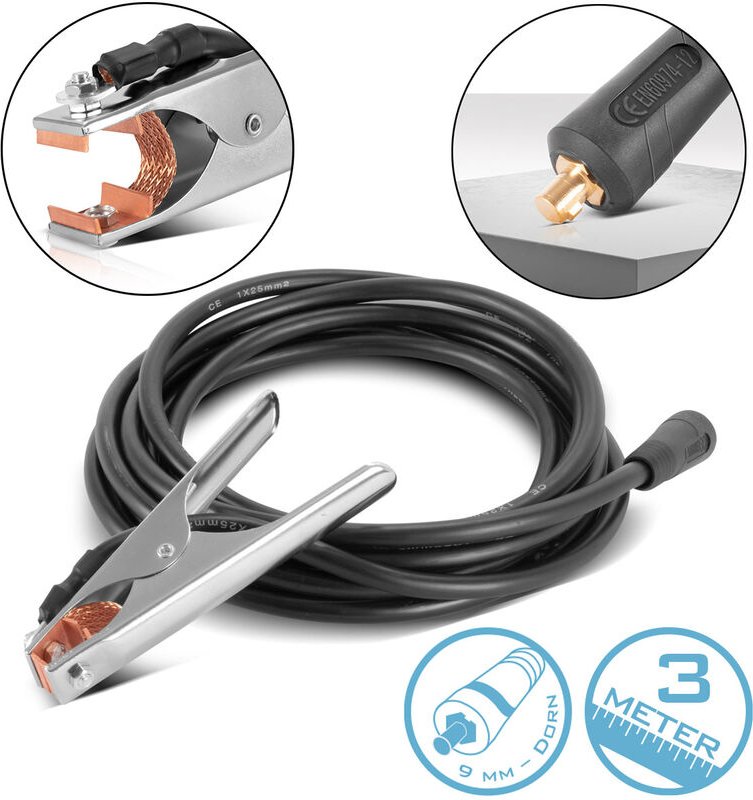 STAHLWERK Massezange 300 A Masseklemme 3 m Schweißkabel mit 25 mm² 9 mm Stecker