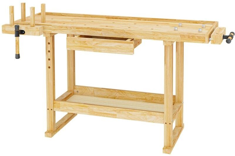 Wiltec - Werkbank 151 x 61,5 x 86 cm aus Holz, Werktisch aus Rubberwood, Hobelbank bis 150 kg belastbar, Werkzeugbank mi...