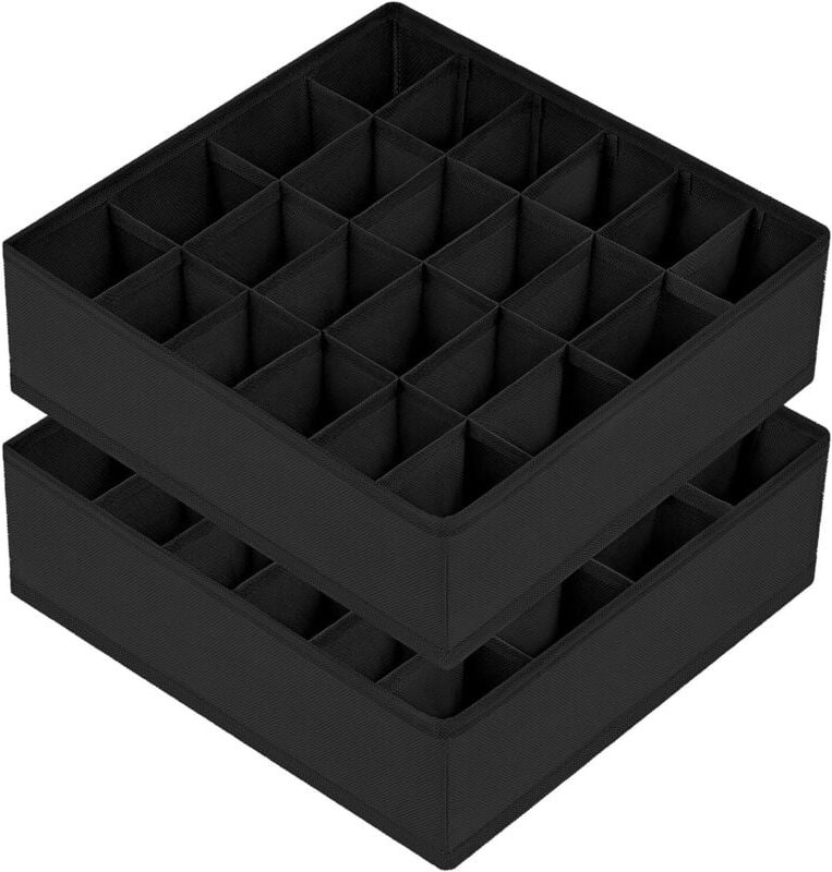 Schwarze Aufbewahrungsboxen für Sockenschubladen, 30 x 30 x 9 cm, 2er-Set, 24 Fächer.
