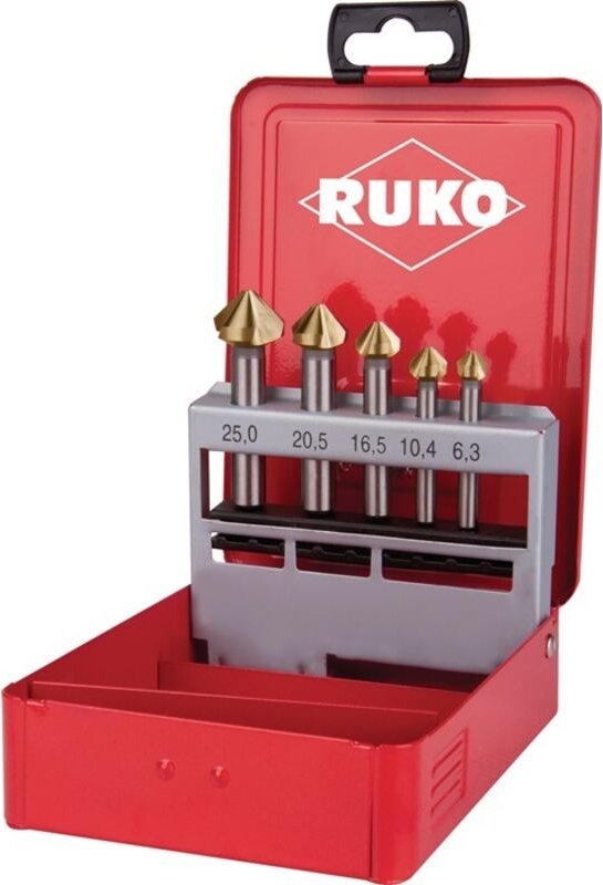 RUKO Kegel- und Entgratsenker-Satz 5tlg. DIN 335 Form C 90° HSS-TiN Ø 6,3 - 25 mm in Industriekassette - 102154T