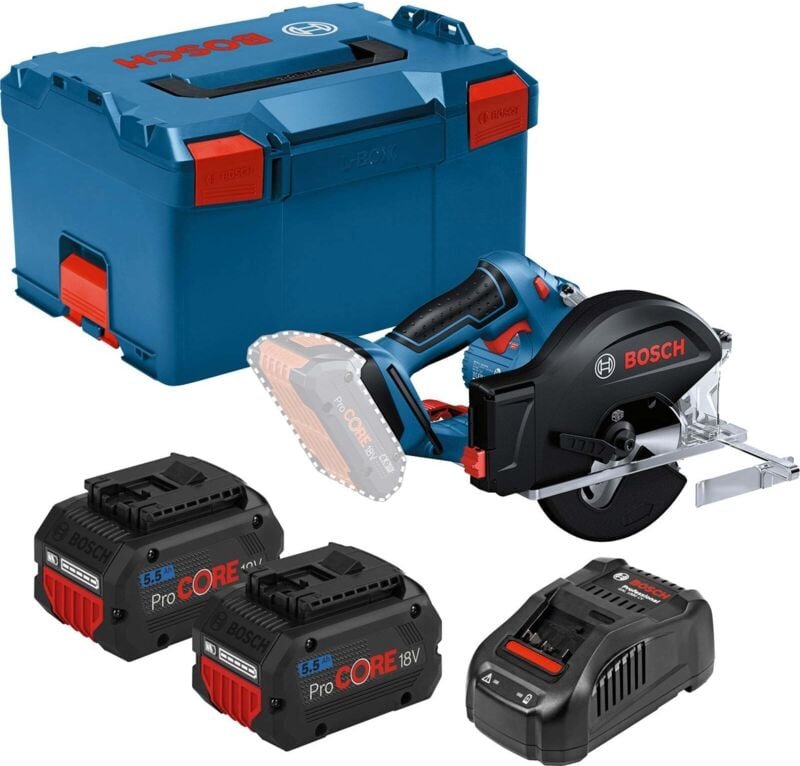Bosch Akku-Kreissäge GKM 18V-50 Ø 136 mm / 2x 5,5 Ah ProCORE + GAL 1880 CV in L-Boxx