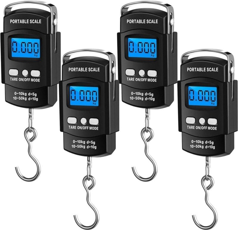 4er-Pack digitale Fischwaagen, 50 kg Tragkraft, elektronische Hängewaage, mit Maßband, Haken, LCD-Display mit Hintergrun...
