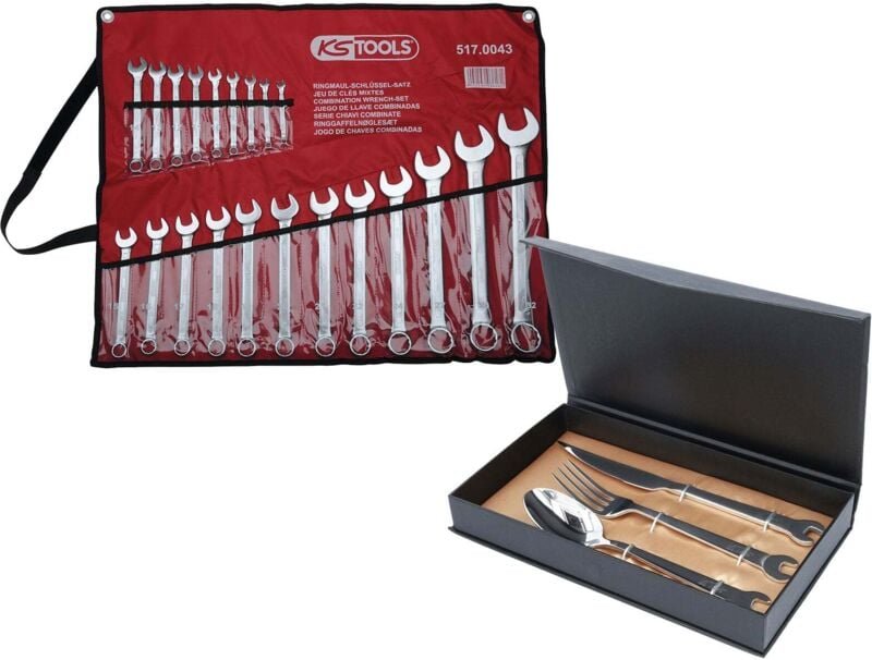 KS TOOLS Ringmaulschlüssel-Satz abgewinkelt 21tlg. 6 - 32 mm + GRATIS Besteck-Set 3tlg.