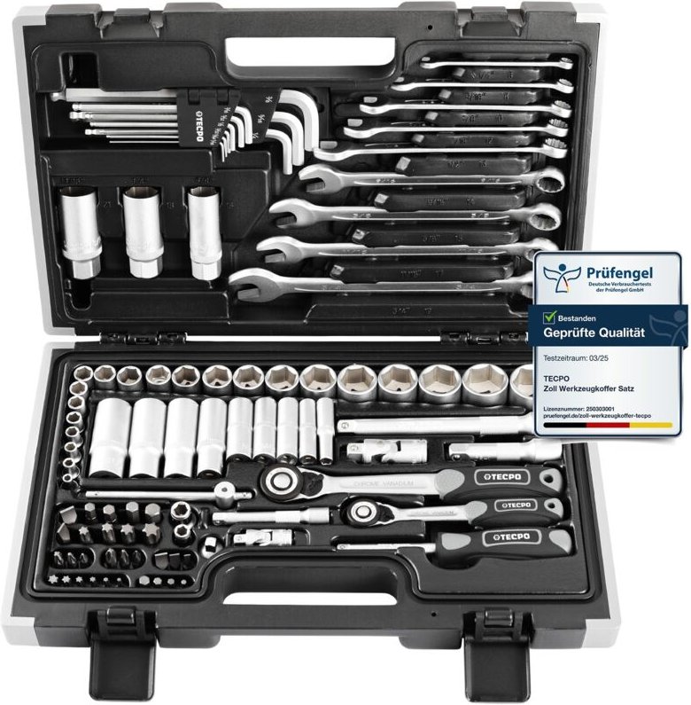 TECPO Zoll Steckschlüssel Satz 92-teilig Werkzeugkoffer mit Ringschlüssel und Maulschlüssel, Ratsche mit Nuss-Set Verlän...