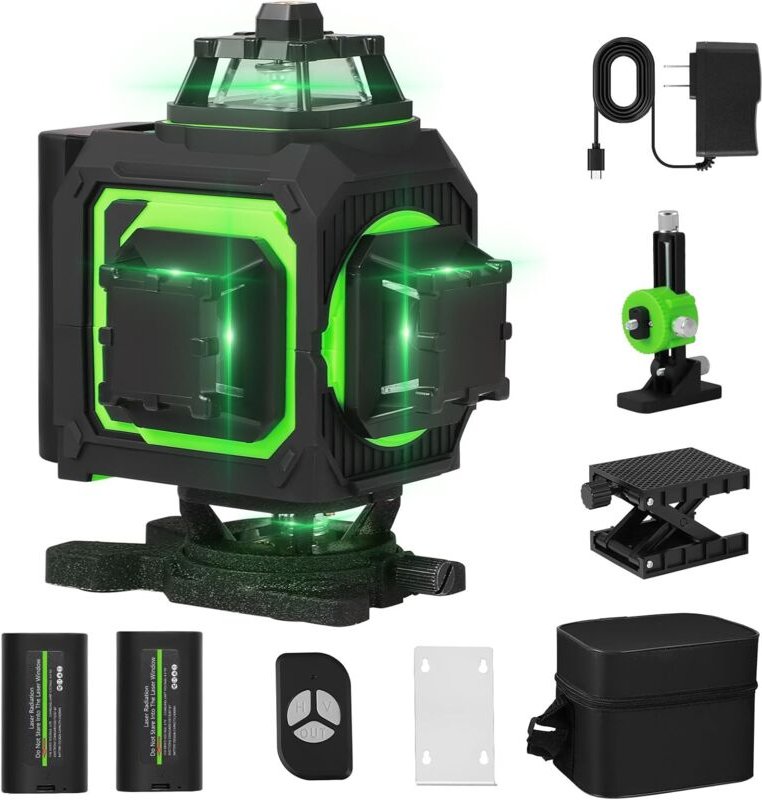 4x360°Kreuzlinienlaser, 16Linien-Selbstnivellierungslaser (grün),8Stunden Akkulaufzeit, Fernbedienung, 40m Reichweite mi...