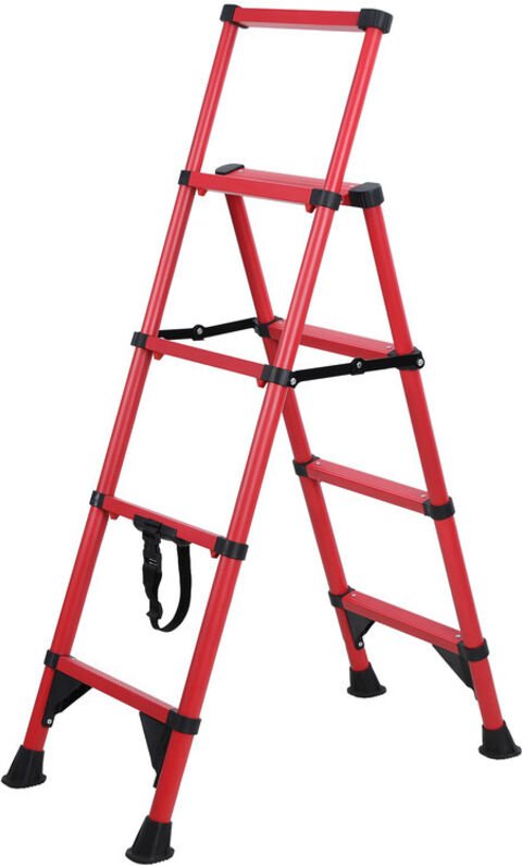 Leiter – Vierstufige Klappleiter mit Werkzeughalter und rutschfesten Füßen, Tragkraft 150 kg, rot