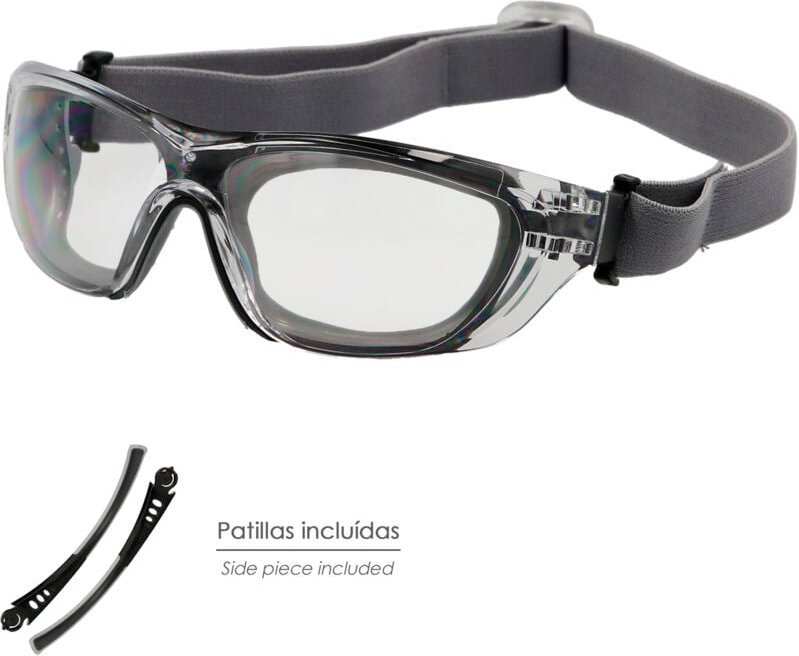 Gepolsterte Schutzbrille aus transparenten Kristallen mit Bügeln oder elastischem Gummi. Gummierte Bügel EN/166