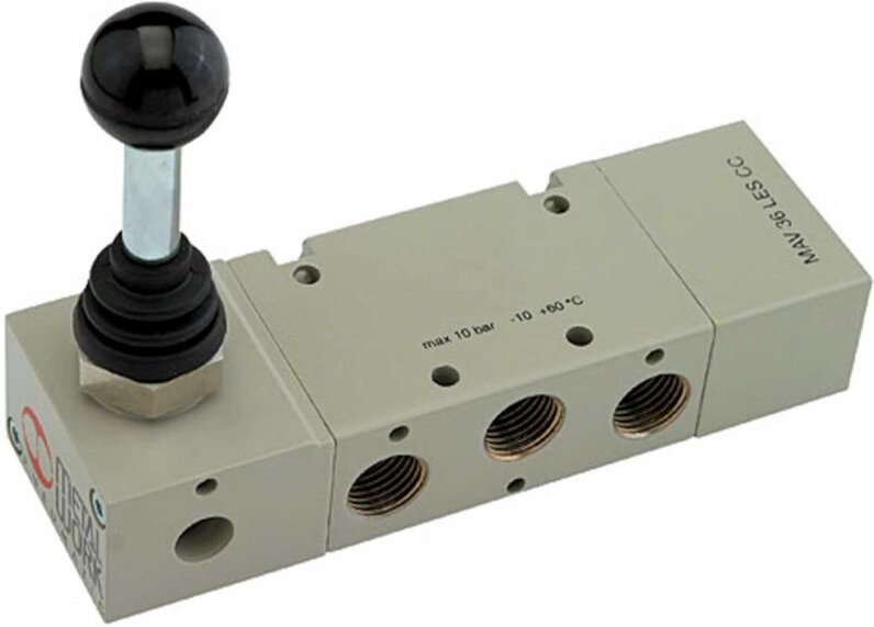 5/3-Wegeventil, man. 90° Hebel, g 1/2, Mitte bel., Federrück. - Riegler