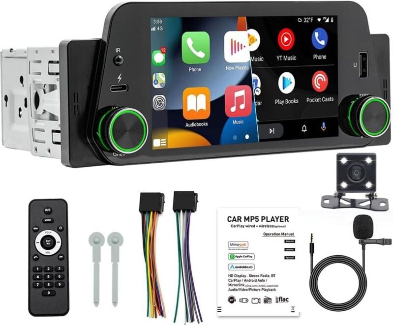 Einzel-DIN-Autoradio, kompatibel mit Carplay und Android Auto, 5-Zoll-HD-Touchscreen, Bluetooth-Autoradioempfänger, Mirr...