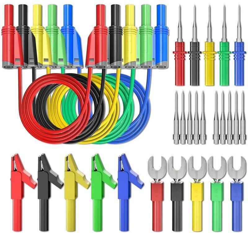 5-teiliges Silikon-Bananenstecker-Messleitungsset, 4 mm, vollisoliert, stapelbarer Bananenstecker mit Krokodilklemmen, P...