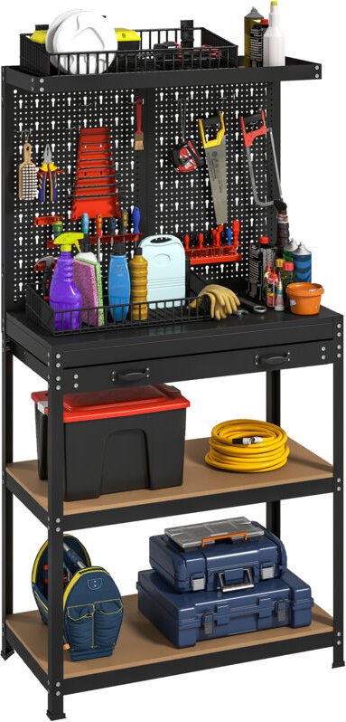 Werkbank 80 x 40,5 x 155 cm Werkzeugbank mit Lochwand, Haken, Schublade, 2 Ablagen für Werkstatt Schwarz