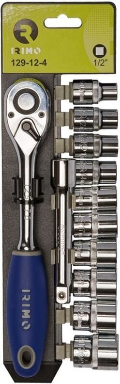 1/2-Zoll-Steckschlüsselsatz, 10 Steckschlüsseleinsätze (10–24 mm), 125-mm-Verlängerung und Ratsche 129-12-4 Irimo