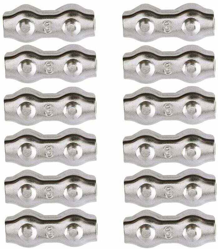 Kabelklemmen, 3-mm-Stahlklemmen, 12 Stück, Doppelklemmen, Edelstahlklemmen 304, Kabelbinder für 2-mm-Kabel, Wäscheleinen...