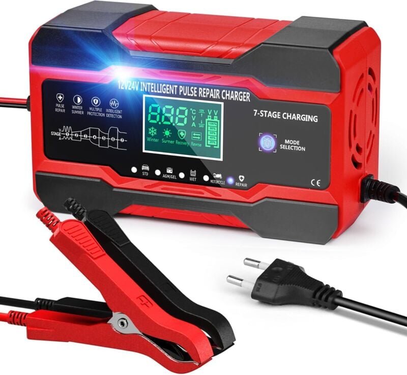 10 A Autobatterieladegerät, 12 V/24 V, intelligentes Auto-/Motorrad-Ladegerät mit LCD-Touchscreen und 5 Modi, automatisc...