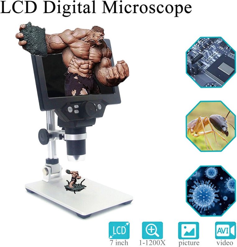 1-1200X Zoom Tragbares wiederaufladbares digitales elektronisches Mikroskop 8-LED-VGA-Mikroskop mit 12MP 7 "HD-Bildschir...