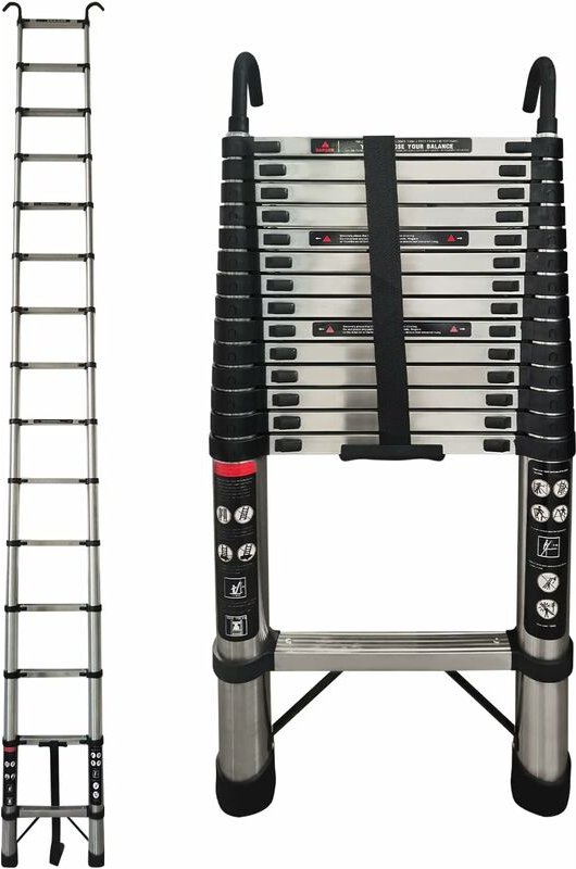 4,4M Teleskopleiter mit Haken Edelstahl Leiter Klappleiter Ausziehleiter Stehleiter Rutschfester, Teleskop-Design, aus h...