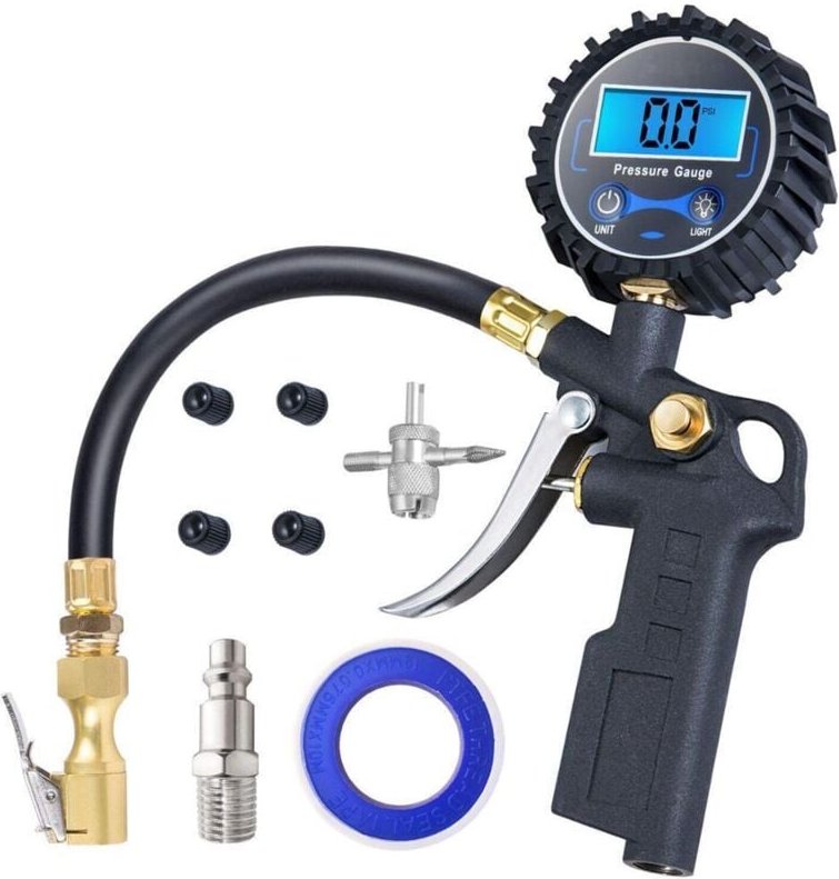 Digitaler Reifenfüller mit Manometer, Anzeigeauflösung 0,1–250 PSI. Zubehör für Kompressor und robustes Luftanschlussstü...