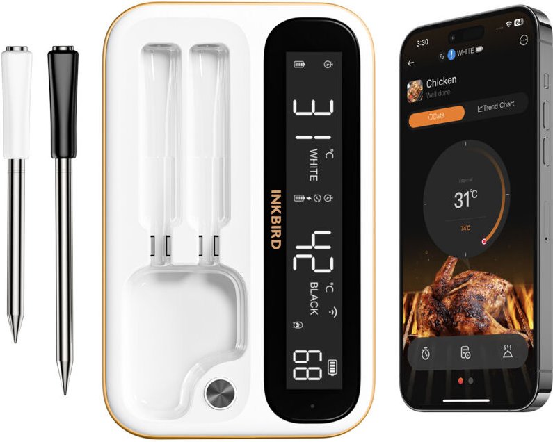 INKBIRD INT-12-BW Küchen-Grillthermometer (WLAN 5G/Bluetooth 5.4), lange/kurze Sonden, IP67 wasserdicht, Datenspeicher