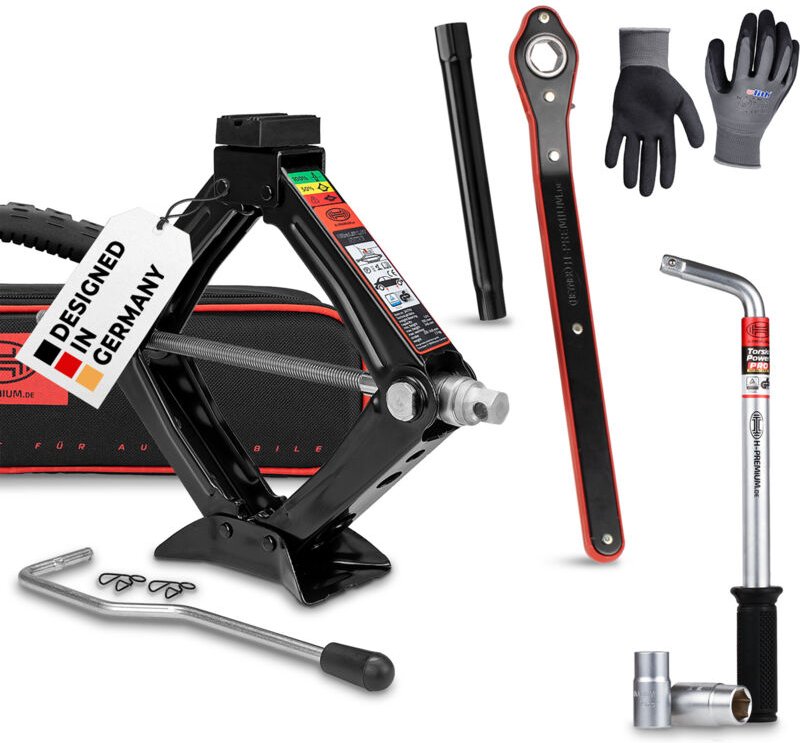 HEYNER® Wagenheber 1t Traglast Scherenwagenheber Set mit Radmutternschlüssel & Montagehandschuhe drehbarer Sattel und Gu...