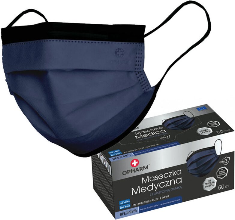 Marineblaue OP-Maske mit Gummiband, Typ IIR, Opharm, 50 Stück.