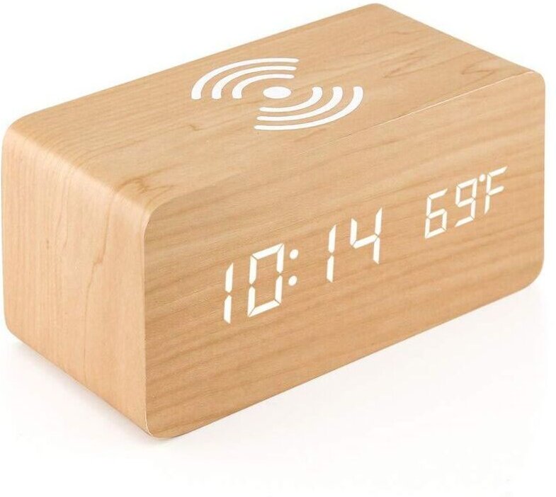 Digitaler Thermometer-Wecker, Holz-Digitalwecker, LED-Digital-Holzwecker mit kabellosem Ladegerät, Holzwecker mit Indukt...