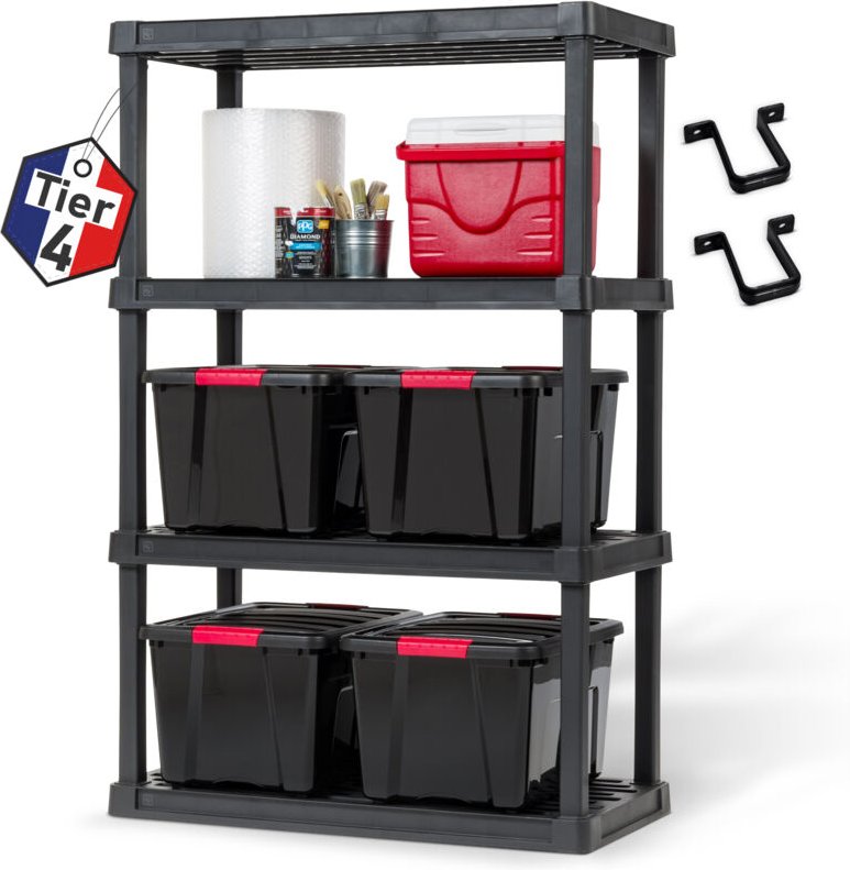 Iris Ohyama, großes, langlebiges Kunststoffregal, 320 kg Kapazität, schwarz, leicht zusammenzubauen, 4 Ebenen, PRS-XL4