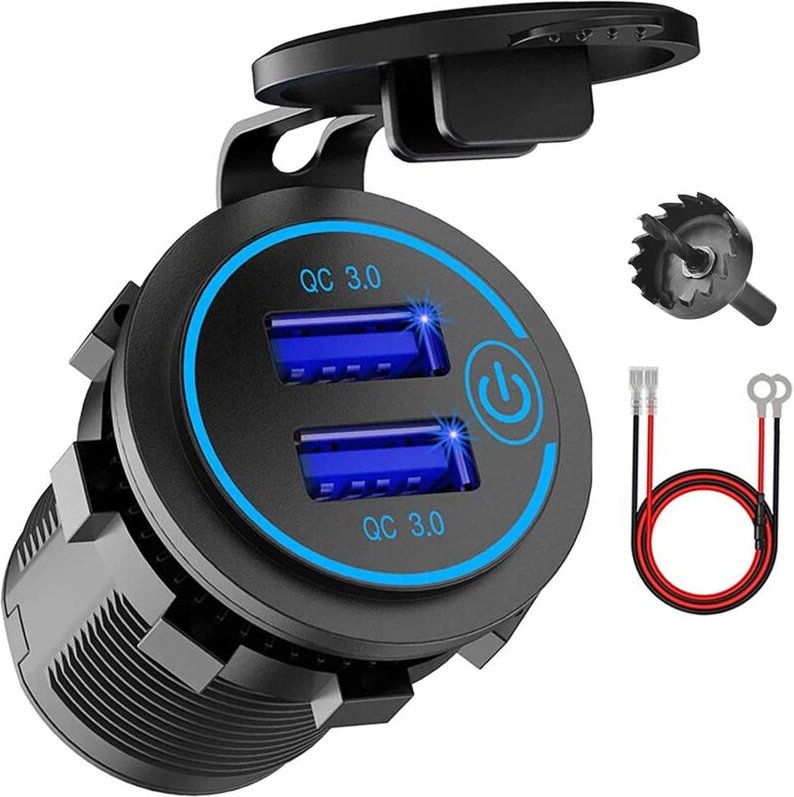 12V USB Steck Dose, Dual QC 3.0 USB Auto LadegeräT mit Schalter, Wasserdichtes 36W USB Steck Dosen LadegeräT (mit 1,1 Zo...