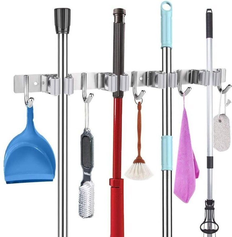 Edelstahl-Besenhalter-Wandhalterung mit 4 Schlitzen und 5 Haken für Küche, Bad, Garage und Garten – RW