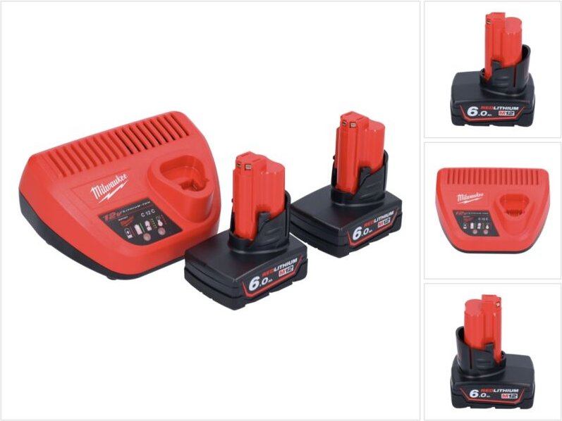 Milwaukee M12 NRG-602 Starter Set 2x 12 V 6,0 Ah ( 4933451903 ) Li-Ion Akku + C12 C Ladegerät