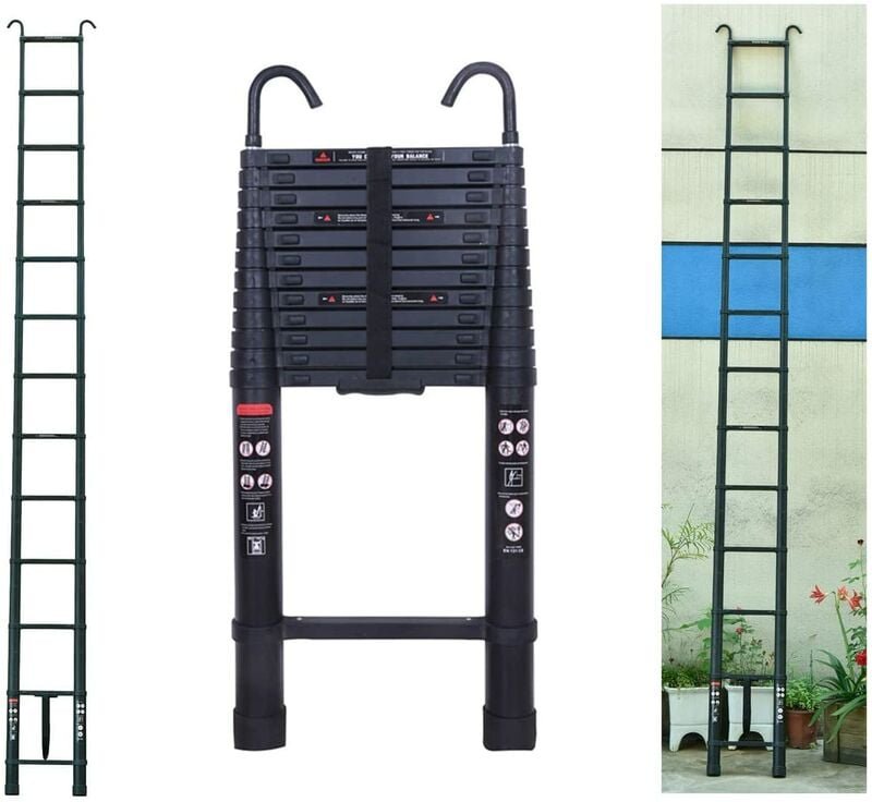 5m Teleskopleiter Ausziehleiter mit Abnehmbarem Haken für Wohnmobil/Dachboden/Büro/Warenhaus Mehrzweckleiter (Schwarz)