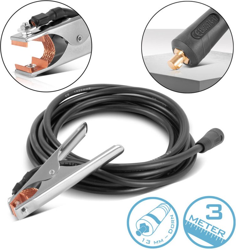 STAHLWERK Massezange 300 A Masseklemme 3 m Schweißkabel mit 25 mm² 13 mm Stecker