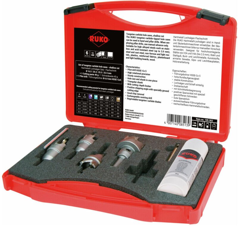 RUKO Hartmetall-Lochsägen Flachschnitt-Satz im Kunststoffkoffer - 105302