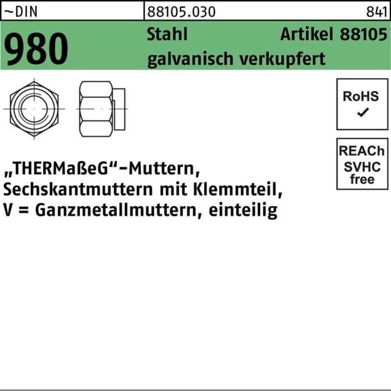 Sechskantmutter R 88105 m.Klemmteil M 8 SW 13 Stahl galvanisch verkupfert