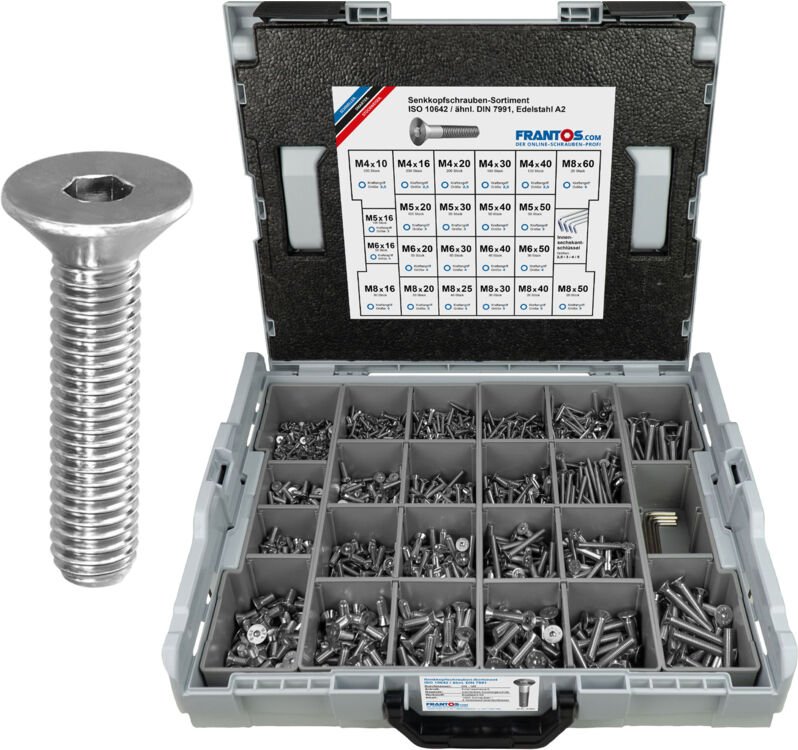 FRANTOS L-BOXX 1600 tlg. Senkkopfschrauben ISO 10642 Sortiment (Edelstahl A2)