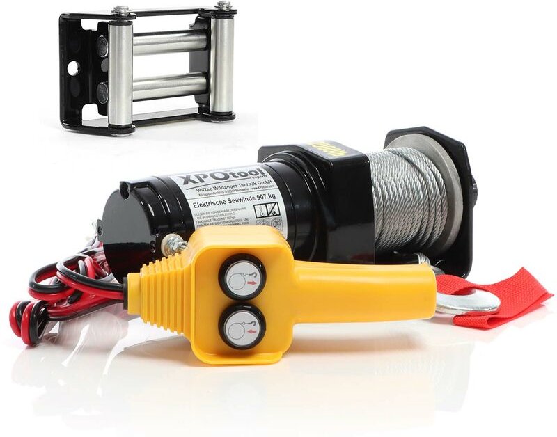 Set Elektrische Seilwinde 907kg 12V, Seilzug mit 12,5m Stahlseil, 1PS Motorwinde u. Rollenfenster, Windenfenster mit 4 R...