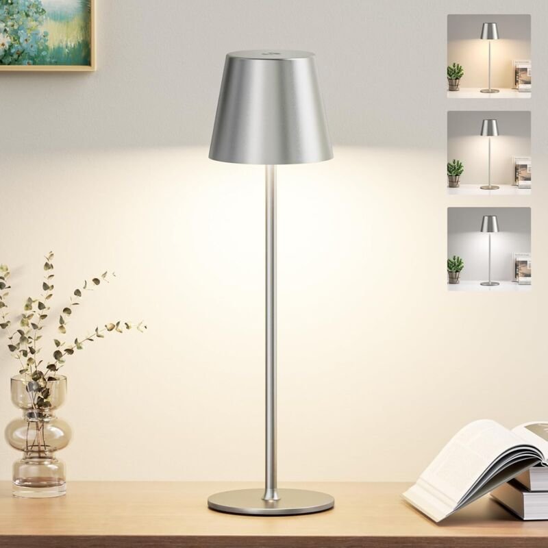 Kabellose Tischleuchte mit 3 Farbtemperaturen, dimmbar, wiederaufladbar, LED-Touch-Nachttischlampe für Schlafzimmer, Woh...