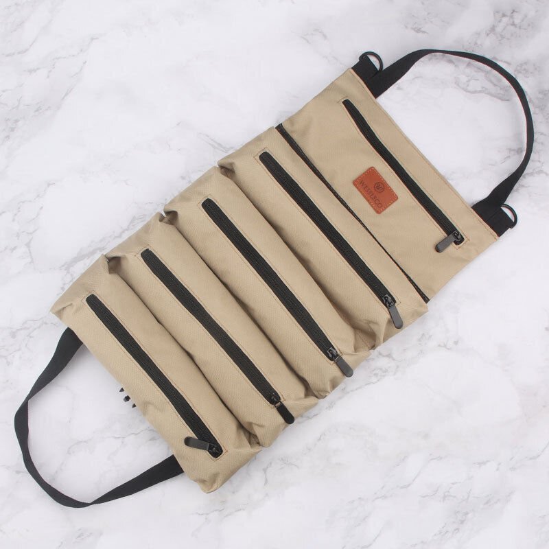 Aufrollbare Werkzeugtasche aus Segeltuch mit 5 Reißverschlusstaschen, Mehrzweck-Werkzeugtasche (khaki)