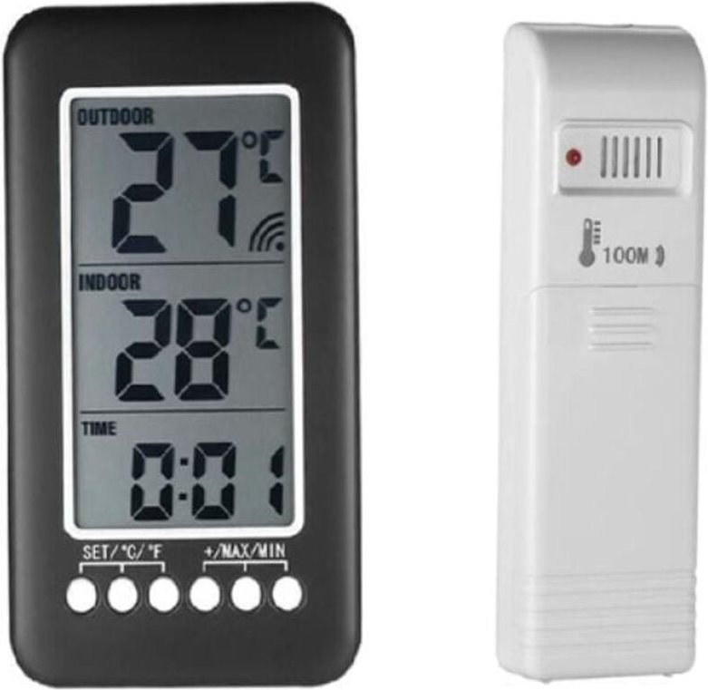 2-in-1 Funk-Thermometer mit Uhr für drinnen und draußen, LCD-Display, digitale Temperaturanzeige (℃/℉) mit Sender