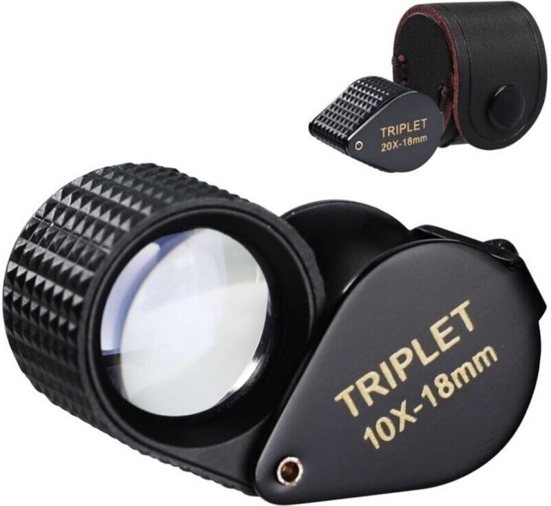 Dreifachlupe für Edelsteine (10-fache Vergrößerung, 18-mm-Optik, achromatisch und aplanatisch), tragbar und faltbar