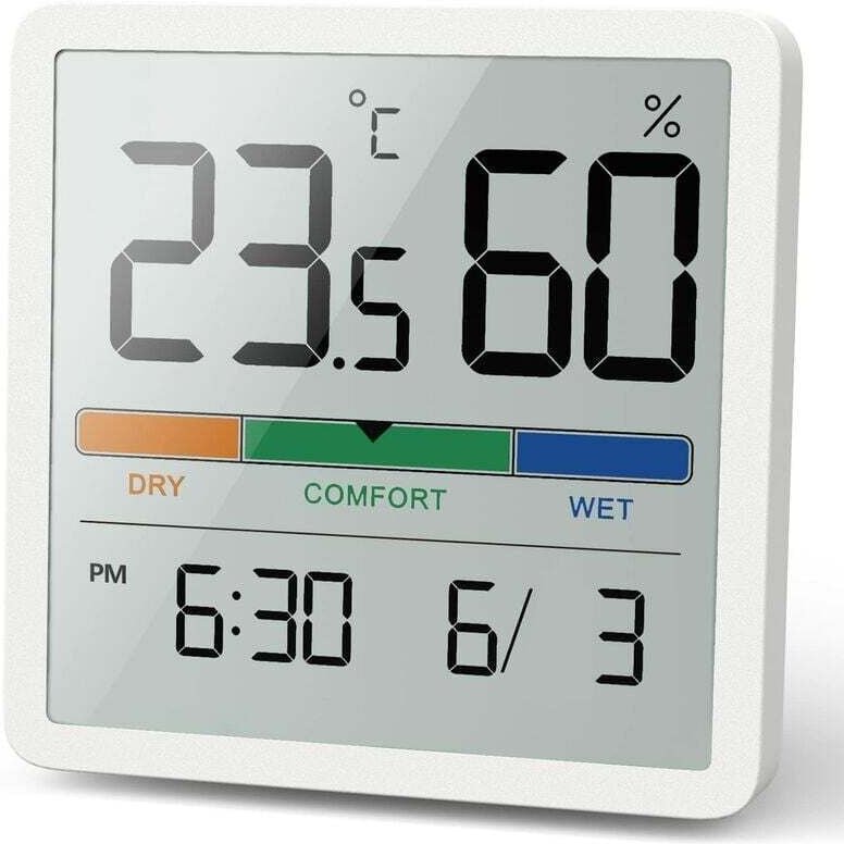 Digitales Innenraum-Hygrometer und Thermometer mit Uhr, präziser Feuchtigkeits- und Temperaturmesser für Büro und Zuhaus...