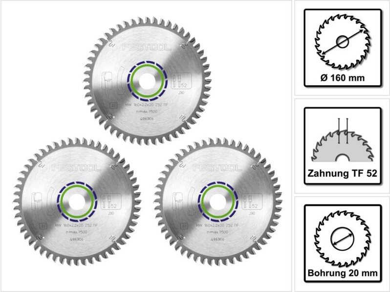 Festool Spezial Kreissägeblatt Set 3x HW 160 x 20 x 2,2 mm TF52 ( 3x 496306 ) 160 mm 52 Zähne